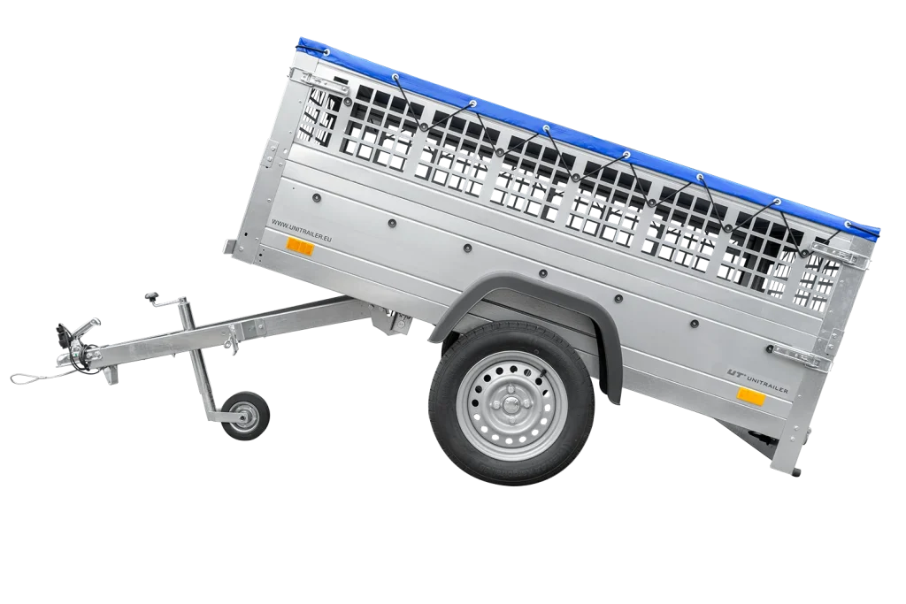 Remorque grillagée 200×106 avec bâche plate bleue, ridelles grillagées et roue jockey – Garden Trailer 200 KIPP