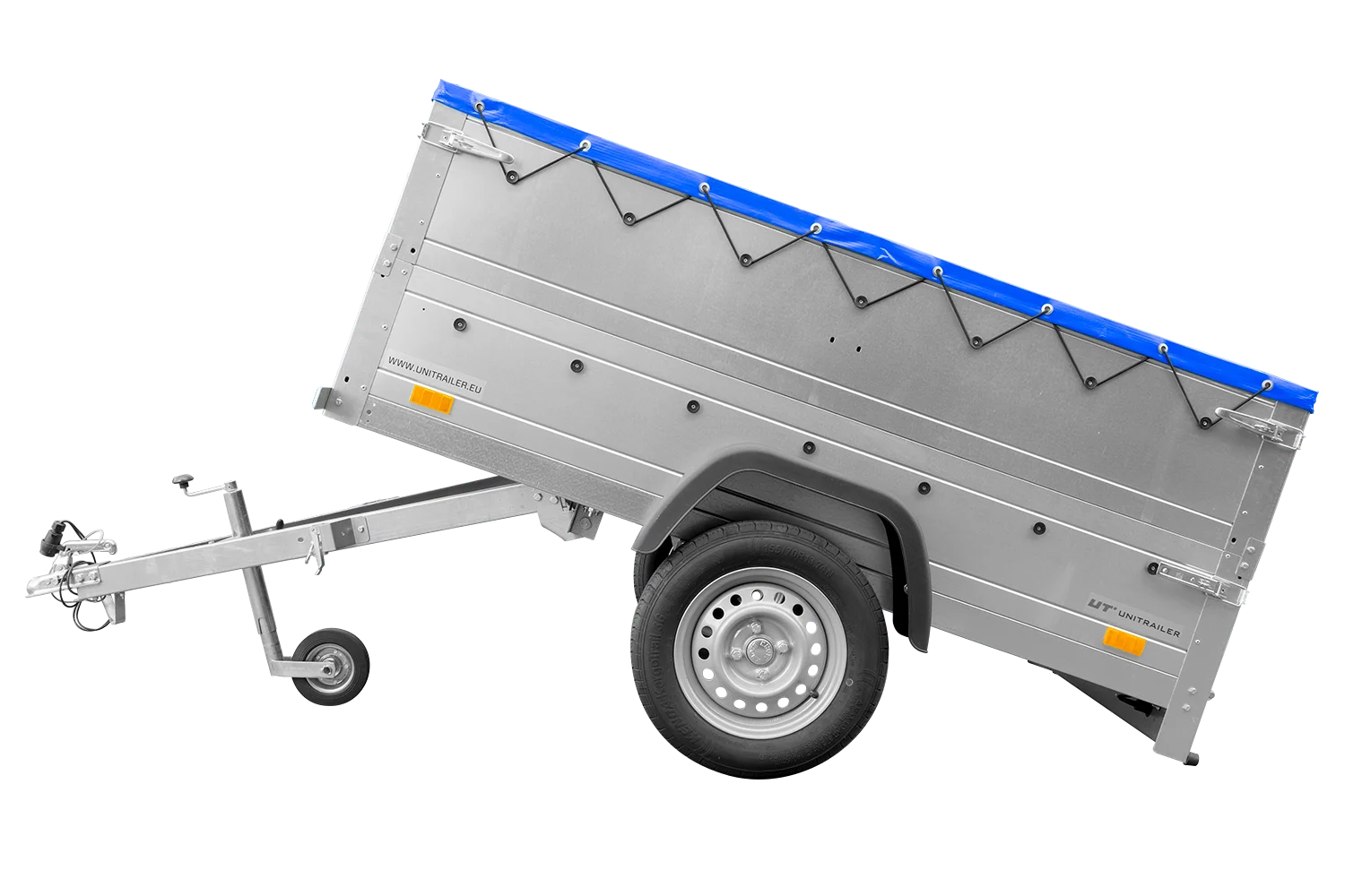 Cliquez pour agrandir Remorque neuve 200×106 avec bâche plate, rehausses de ridelles et roue jockey – Garden Trailer 200 KIPP